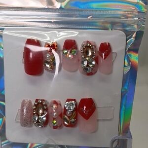 Red and Pink Rhinestone Press-On Nails